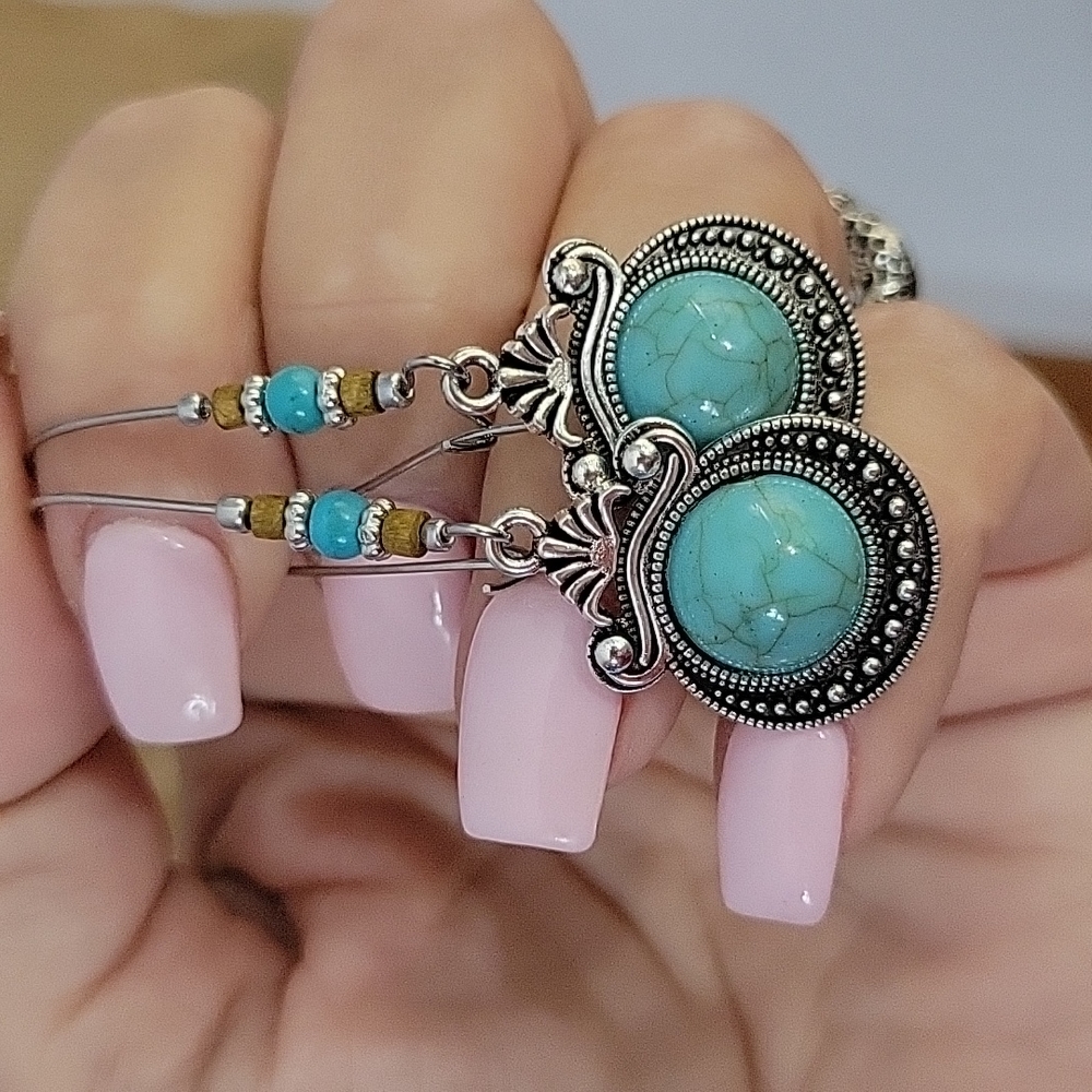🔥LAST PAIR🔥 Howlite Medallion Dainty Wire Drop Earrings - Picture 3 of 6